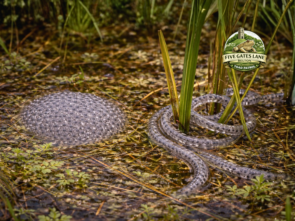 Frogspawn clump and toadspawn strings in a shallow pond surrounded by plants