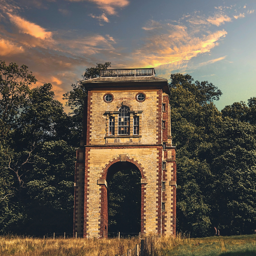 Bellmount Tower near Belton House standing in parkland surrounded by trees